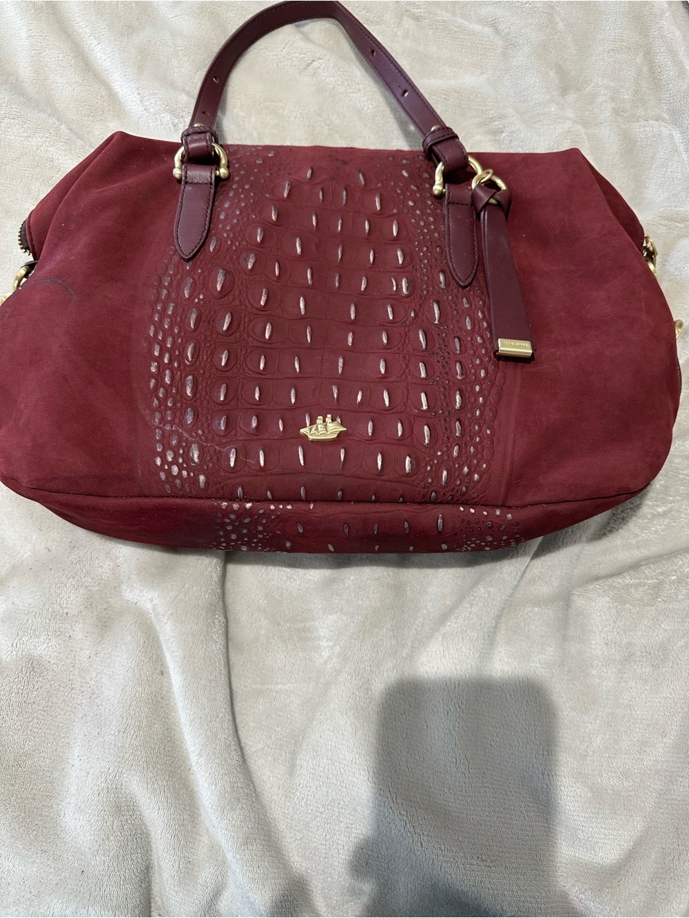 Brahmin Deep Burgundy Suede & Croc-Embossed Tote